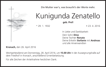 Anzeige von Kunigunda Zenatello von MGO