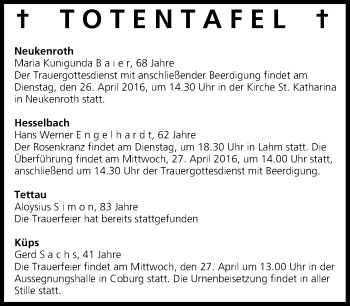 Anzeige von Totentafel vom 26.04.2016 von MGO