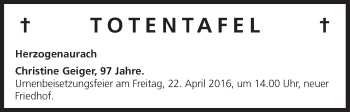Anzeige von Totentafel vom 20.04.2016 von MGO
