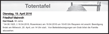 Anzeige von Totentafel vom 19.04.2016 von MGO