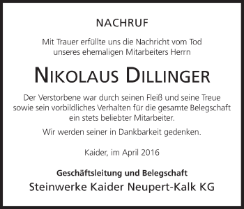 Anzeige von Nikolaus Dillinger von MGO