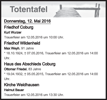 Anzeige von Totentafel vom 12.05.2016 von MGO
