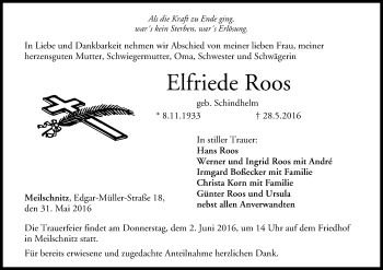 Anzeige von Elfriede Roos von MGO
