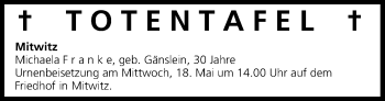 Anzeige von Totentafel vom 14.05.2016 von MGO