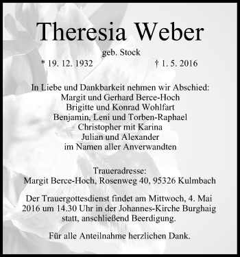 Anzeige von Theresia Weber von MGO