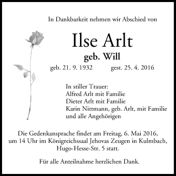 Anzeige von Ilse Arlt von MGO