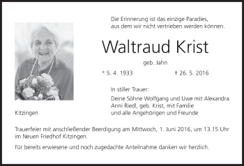 Anzeige von Waltraud Krist von MGO