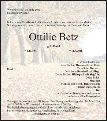 Anzeige von Ottilie Betz von MGO