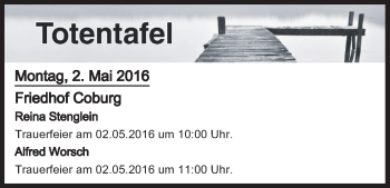 Anzeige von Totentafel vom 02.05.2016 von MGO