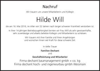 Anzeige von Hilde Will von MGO
