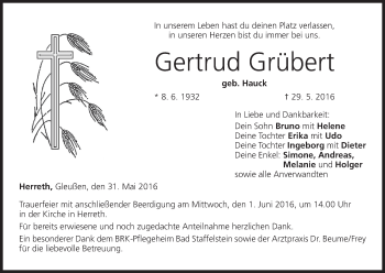 Anzeige von Gertrud Grübert von MGO