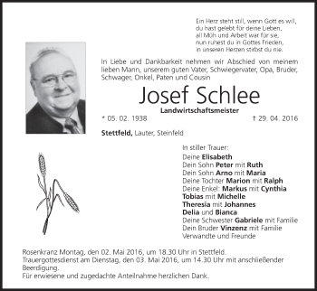 Anzeige von Josef Schlee von MGO