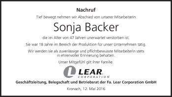 Anzeige von Sonja Backer von MGO