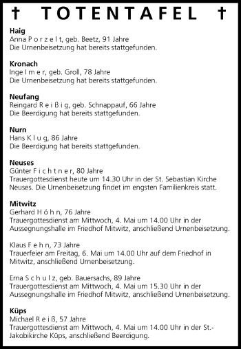 Anzeige von Totentafel vom 03.05.2016 von MGO