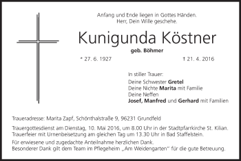 Anzeige von Kunigunda Köstner von MGO