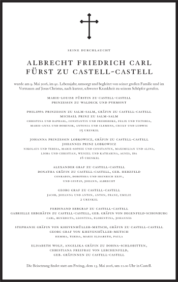 Anzeige von Albrecht Friedrich Carl Fürst zu Castell-Castell von MGO