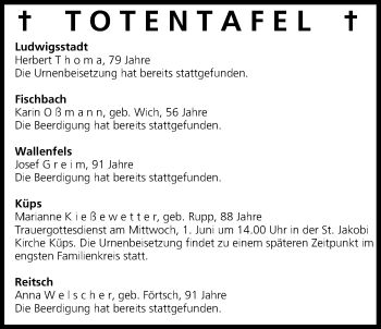 Anzeige von Totentafel vom 31.05.2016 von MGO