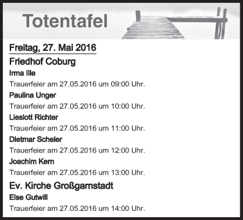 Anzeige von Totentafel vom 27.05.2016 von MGO