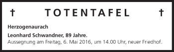 Anzeige von Totentafel vom 04.05.2016 von MGO