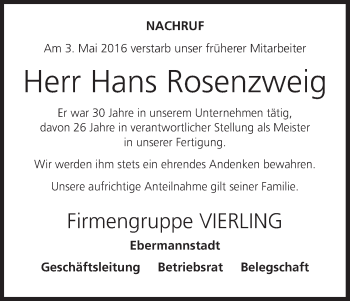 Anzeige von Hans Rosenzweig von MGO