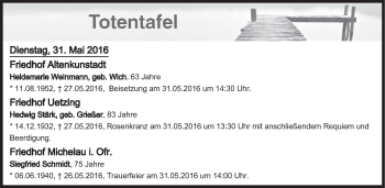 Anzeige von Totentafel vom 31.05.2016 von MGO