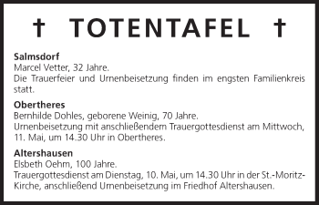 Anzeige von Totentafel vom 09.05.2016 von MGO
