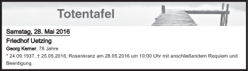 Anzeige von Totentafel vom 28.05.2016 von MGO