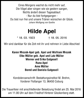 Anzeige von Hilde Apel von MGO
