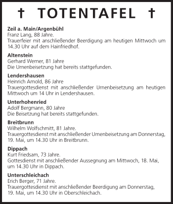 Anzeige von Totentafel vom 18.05.2016 von MGO
