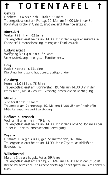 Anzeige von Totentafel vom 18.05.2016 von MGO