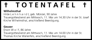 Anzeige von Totentafel vom 10.05.2016 von MGO