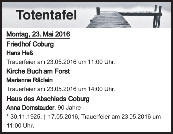 Anzeige von Totentafel vom 23.05.2016 von MGO