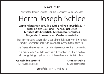 Anzeige von Joseph Schlee von MGO