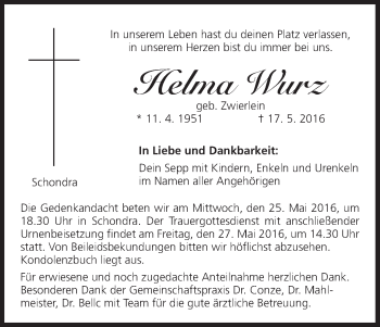 Anzeige von Helma Wurz von MGO