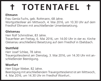 Anzeige von Totentafel vom 03.05.2016 von MGO