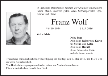 Anzeige von Franz Wolf von MGO