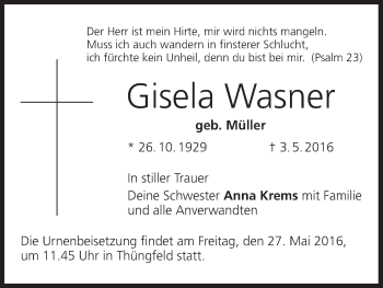Anzeige von Gisela Wasner von MGO