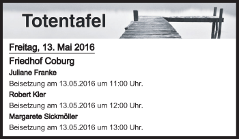 Anzeige von Totentafel vom 13.05.2016 von MGO