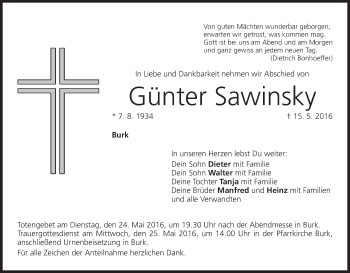 Anzeige von Günter Sawinsky von MGO