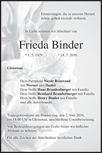 Anzeige von Frieda Binder von MGO