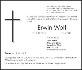 Anzeige von Erwin Wolf von MGO
