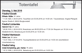 Anzeige von Totentafel vom 03.05.2016 von MGO