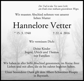 Anzeige von Hannelore Vetter von MGO