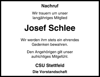 Anzeige von Josef Schlee von MGO