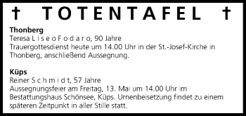 Anzeige von Totentafel vom 12.05.2016 von MGO