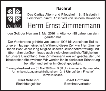 Anzeige von Ernst Zimmermann von MGO