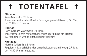 Anzeige von Totentafel vom 25.05.2016 von MGO