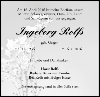 Anzeige von Ingeborg Rolfs von MGO