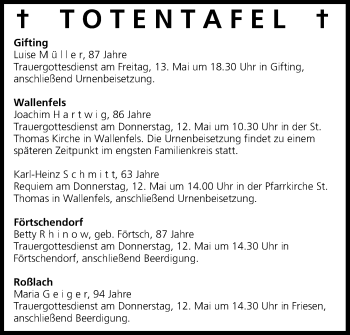 Anzeige von Totentafel vom 11.05.2016 von MGO
