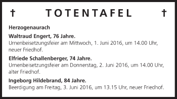 Anzeige von Totentafel vom 28.05.2016 von MGO